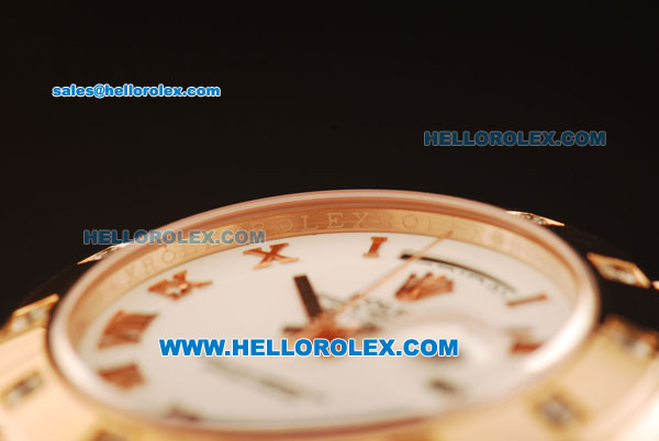 Rolex Day-Date Swiss ETA 2836 Automatic Rose Gold Case with Diamond Bezel and White Dial -Rose Gold Strap - Click Image to Close